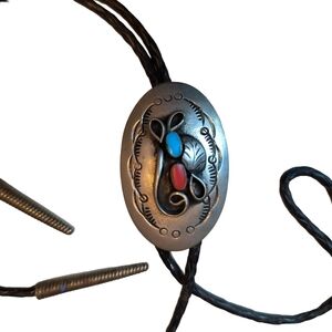 Vintage Native American turquoise and red coral bolo tie
